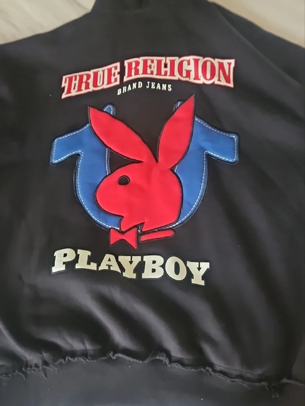 True Religion Black Zip-Up Hoodie with Iconic Blue & Red Bunnie Logo